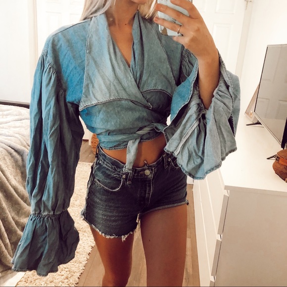 Vintage Tops - Vintage Bell Sleeve Denim Wrap Top
